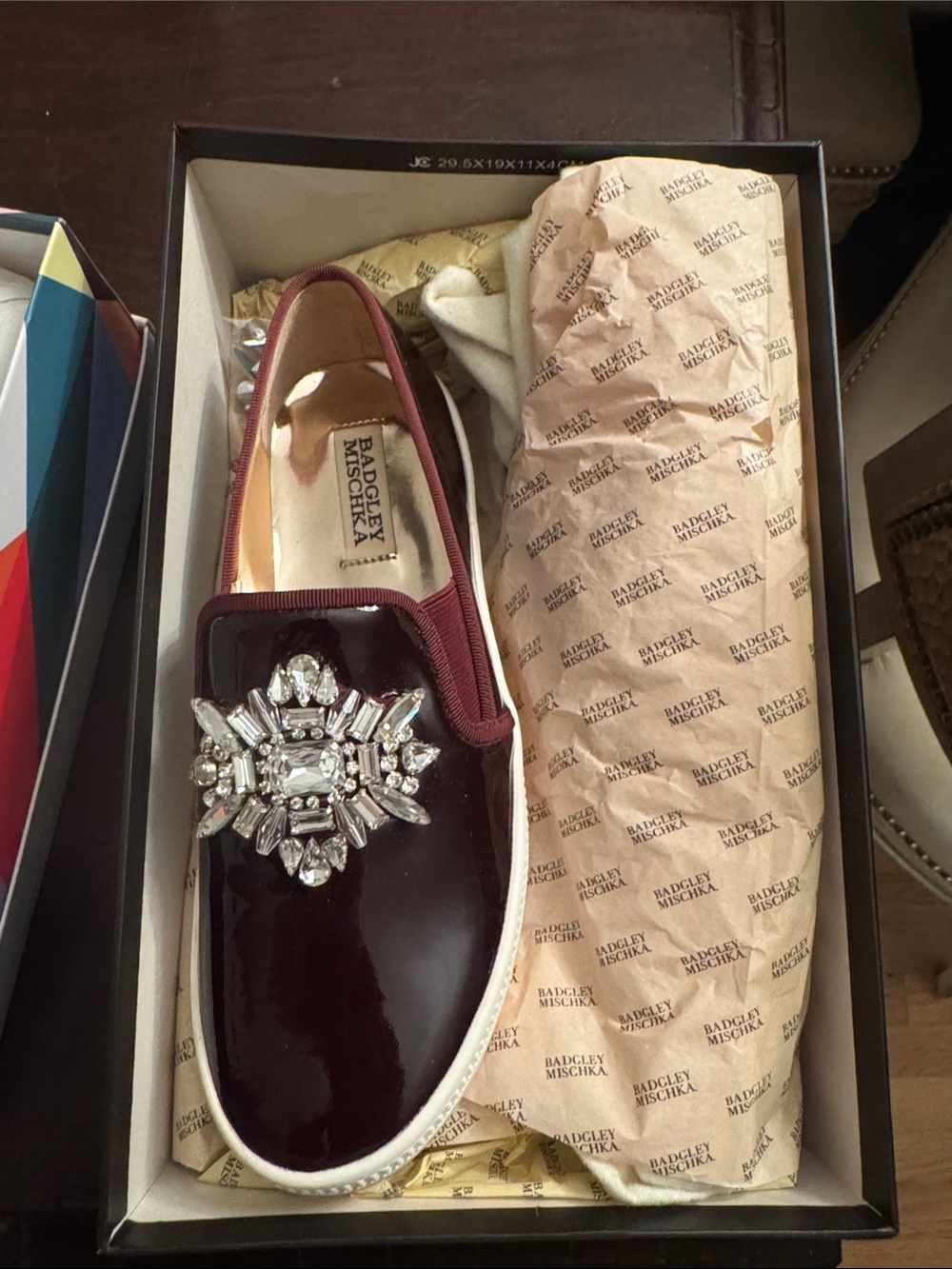 Badgley Mischka Burgundy Patent Jewel-Embellished Slip-On Mule